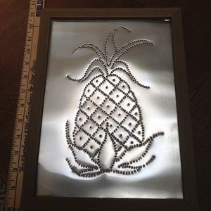 Metal punch pineapple. Framed w/hangar, ready to hand. Hospitality symbol.